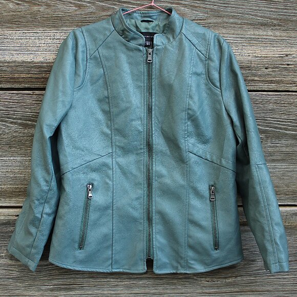 'Signature Studio' faux leather teal band collar zippered sleek jacket - Picture 1 of 7
